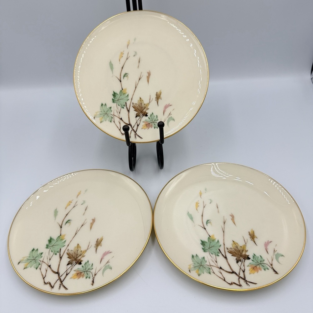 VTG Lenox Westwind X-407 Bread Butter Plates Set 3 Gold Trim Autumn Leaves 6.25"